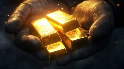 Poster - Gold bars in gloved hands close up Gold price investment and saving money concept : Generative AI