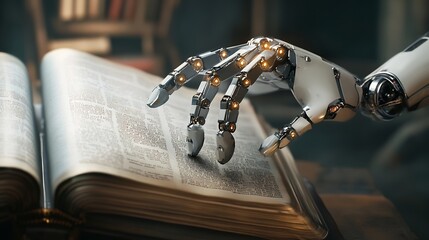 Aufkleber - Real robots hand with ancient Bible book Concepts of artificial intelligence development and machine learning : Generative AI