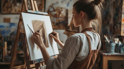 Poster - Artistic talent workshop Painters creative studio Artwork inspiration session Caucasian woman painter wearing brown apron in art studio drawing picture : Generative AI