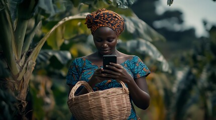 Poster - beautiful image of african lady with smart phone and basket in a farmblack woman surfing on social mediaagricultural concept : Generative AI