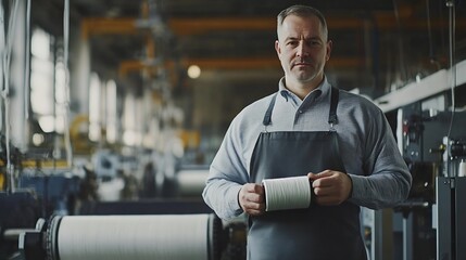 Aufkleber - Portrait of experienced worker in textile factory holding thread spool and standing by industrial knitting machine : Generative AI