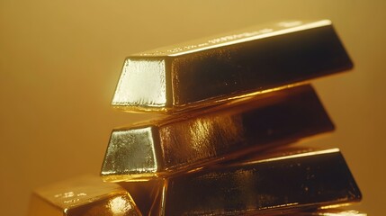 Poster - Stack of shiny gold bars on color background closeup : Generative AI