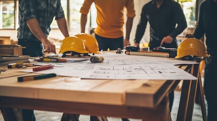 Poster - Brainstorming group of architects and engineers discuss building blueprint design paperwork and drawing construction project planning on wooden table in office Construction project bud : Generative AI