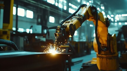 Engineers team mechanic using computer controller Robotic arm for welding steel in steel factory workshop Industry robot programming software for automated manufacturing technology : Generative AI