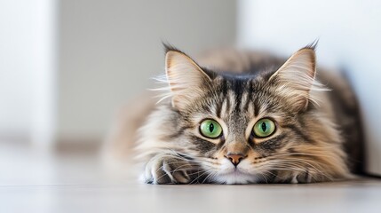 Poster - Portrait of a siberian cat with green eyes lying on the floor at home Fluffy purebred straighteared long hair kitty Copy space close up background Adorable domestic pet concept : Generative AI
