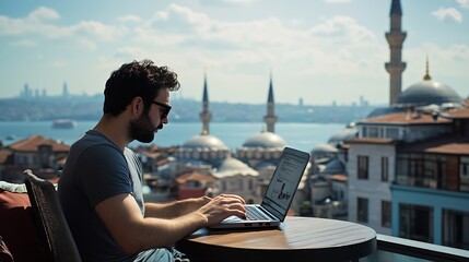 Aufkleber - Man laptop and digital nomad for agency on internet for travel adventure or location in Istanbul Male person employee and tech for home online and application as freelance writer for p : Generative AI
