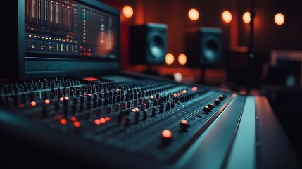 Aufkleber - Empty studio at home equipped with mixing soundboard panel and other musical instruments music industry recording Modern space with electronic controls and daw software on pc Camera A : Generative AI
