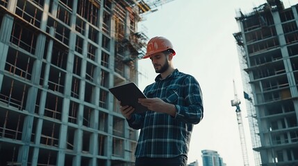 Poster - Tablet man and portrait of civil engineer in city for building renovation repairs or maintenance Planning reading and male construction worker with digital technology for industry proj : Generative AI