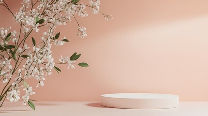 Aufkleber - Podium stand showcase on pastel light pink background and flowers for premium product with nature plant leaves3d render : Generative AI