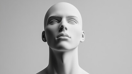 A 3D rendered, white, human head looking upward.