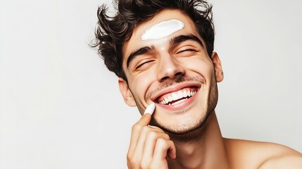 Cheerful adorable young man smiling while using cosmetic product moisturizing cream against white background Concept of beauty treatment and hygiene body care antiaging procedures : Generative AI