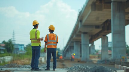 Poster - The chief civil engineer is introducing inspection of a road or expressway construction project under the road to an intern At the expressway construction site : Generative AI