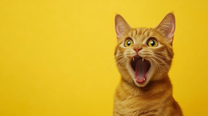 Poster - Funny ginger cat face isolated on yellow mewing and having widely opened a mouth Red pet portrait Horizontal shot : Generative AI