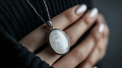 A pendant made of natural stone Moonstone silver lies on a womans hand Authors jewelry from natural stones Designer jewelry On a black modern background Natural minerals : Generative AI