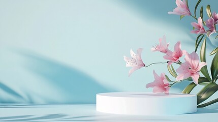 Poster - Abstract empty white podium with geometric shadows and pink flowers on blue background Mock up stand for product presentation 3D Render Minimal concept Advertising template : Generative AI
