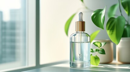Poster - Moisturizing product in a transparent glass bottle with pipette Serum for dry skin care with vitamin c for women Natural oil for body care in summer Organic spa cosmetics cream with vi : Generative AI