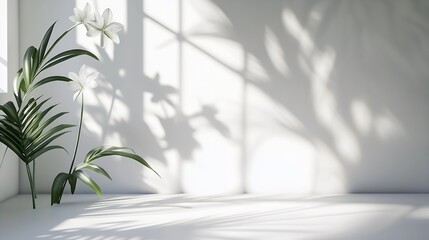Aufkleber - Abstract white studio background for product presentation Empty room with shadows of window and flowers and palm leaves  3d room with copy space Summer concert Blurred backdrop : Generative AI