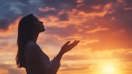 Silhouette of prayer woman worship God in the morning with sunrise sky background Person hands open palm up worship God helping repent catholic easter lent mind pray Christian religion : Generative AI