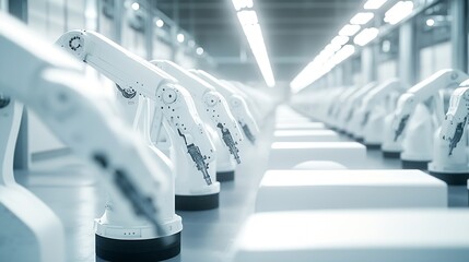 Poster - Row of White Robotic Arms at Modern Factory LithiumIon EV Battery Pack Production at Automated Assembly Line at Bright Factory Equipped With Industrial Robot Arms Electric Car Manufact : Generative AI