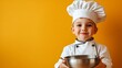 © The Little Hut - Kid chef cook with cooking bowl Cooking children Chef kid boy making healthy food Portrait of little child in chef hat isolated on studio background Kid chef Cooking process : Generative AI