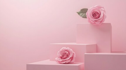Aufkleber - Pink background for product presentation with square podiums of geometric shapes and blooming rose Empty podiums Mockup : Generative AI
