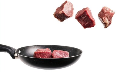 Sticker - Beef milled meat flying from a pan isolated on white background : Generative AI