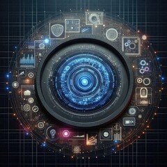 Poster - Creative digital tech circle on dark backdrop. Big data and technology concept. 3D Rendering. AI generated