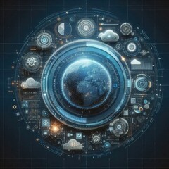 Poster - Creative digital tech circle on dark backdrop. Big data and technology concept. 3D Rendering. AI generated