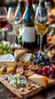 © Dar1930 - Wine bottles and wine glasses on the table and a cheese platter. AI generative.