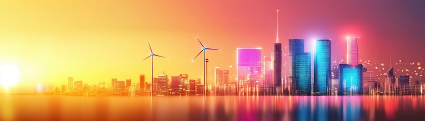 Wall Mural - Bright Future: Futuristic City with Smart Grid and Renewable Energy - Flat Design Illustration with Copy Space