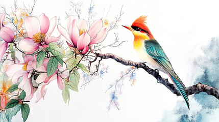 Wall Mural - Chinese painting, kingfisher, branches, flowers