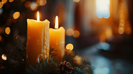 Christmas Advent Candlelight in Church with Blurry Background, Holiday Decor, Festive Spiritual Ambiance, Generative AI