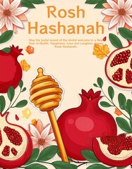 Canvas Print - Rosh Hashanah Poster Design with traditional symbols. Jewish New Year holiday