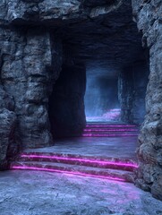 Wall Mural - Glowing stairs in a dark cave