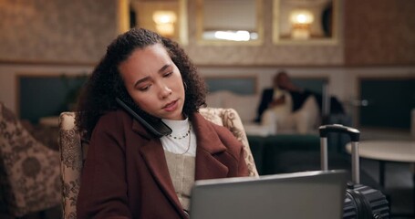 Fototapete - Woman, business trip and phone call or laptop in lobby, mobile and virtual client on app or online conversation. Hotel, email and schedule appointment or talking, travel luggage and communication