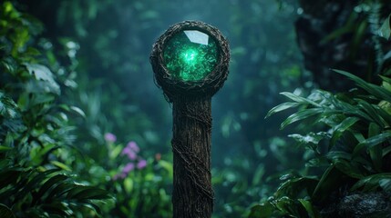 Wall Mural - Glowing crystal sphere in enchanted forest