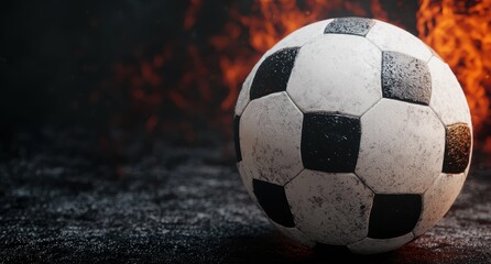 Worn soccer ball on dark background with flames