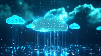 Poster - Digital Cloud Network With Blue Glowing Lines and Data Flowing Down