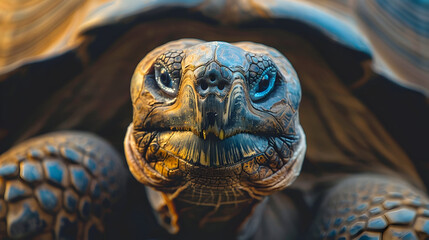 Close-up of a giant tortoise's head with blue eyes, looking directly at the camera.