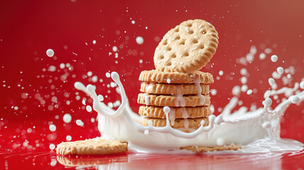 Poster - Digestive biscuits on red background with milk splash