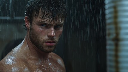 Wall Mural - Dramatic close-up of a wet, rugged man with a serious expression