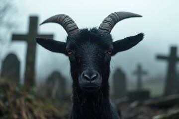 Sticker - Mysterious black goat with horns in a graveyard