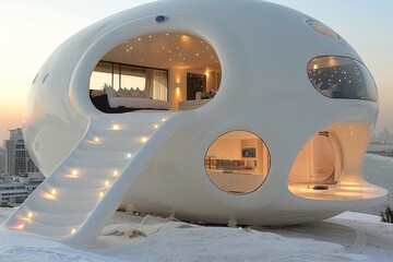 Poster - Futuristic home with a sleek white aesthetic and stunning sunset views featuring circular windows and curves.