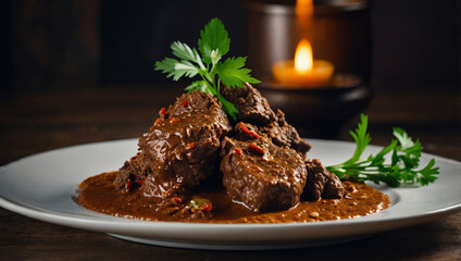 Tender beef rendang with rich coconut sauce, garnished with fresh herbs, served on a traditional plate