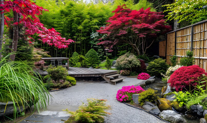 Serene Japanese garden with red maple trees, bamboo fence, gravel path, wooden deck and a small stream.