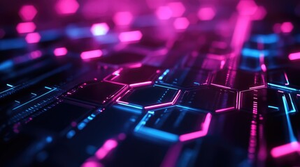 Poster - Futuristic 3D abstract background with neon hexagons and light effects, high-tech visual art