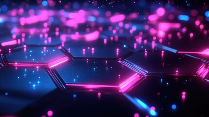 Poster - Futuristic 3D background with interconnected hexagons and neon lights, high-tech visual