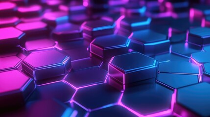 Poster - Futuristic 3D background with interconnected hexagons and neon lights, high-tech visual