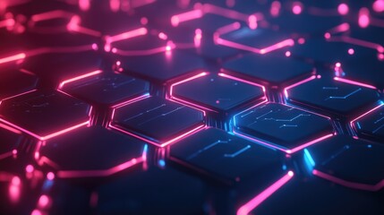 Poster - Futuristic 3D background with interconnected hexagons and neon lights, high-tech visual