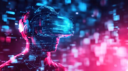 Poster - Futuristic 3D background with virtual reality elements and holographic displays, high-tech design